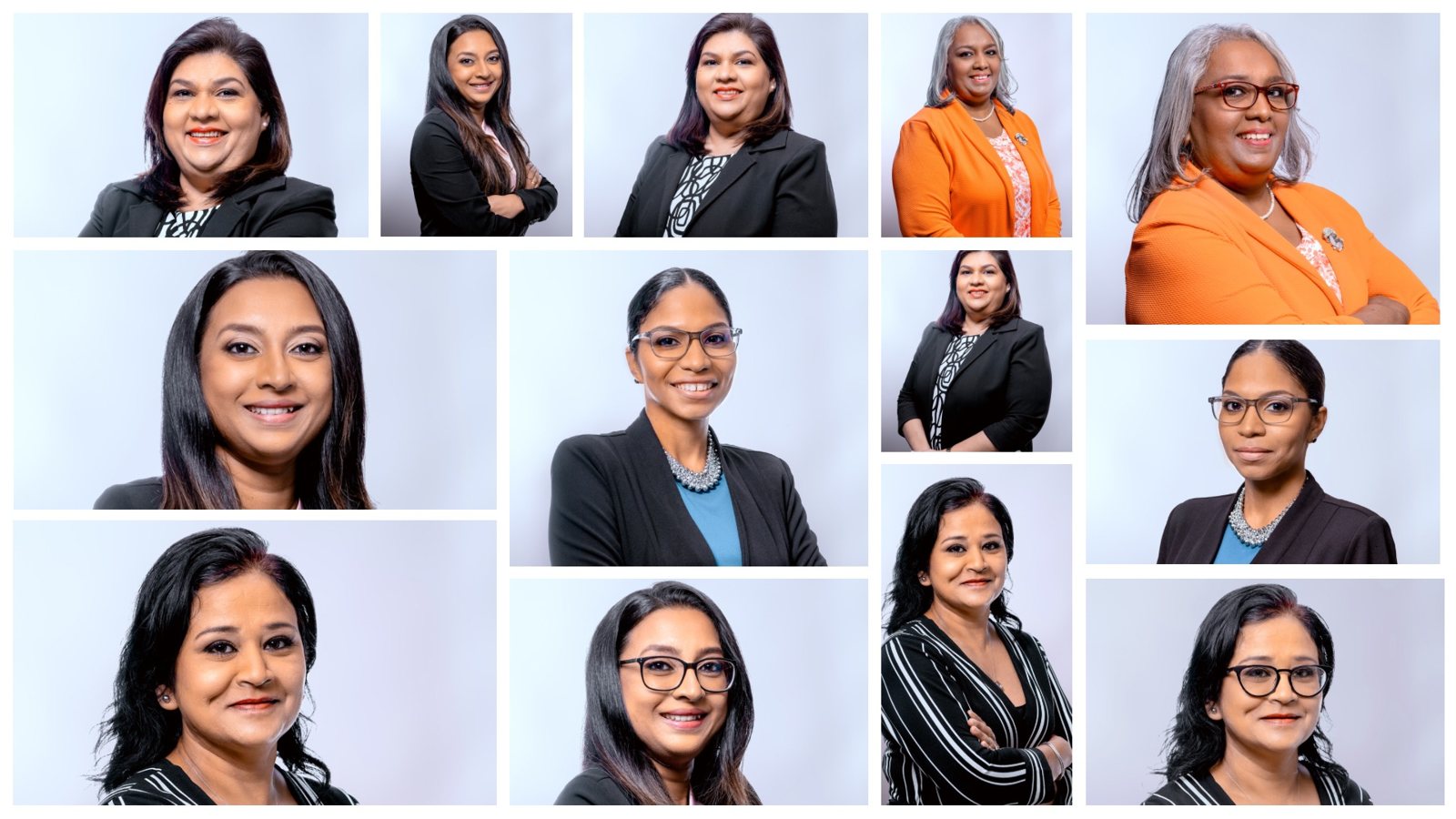 A set of corporate headshots for a team, shot on a light background