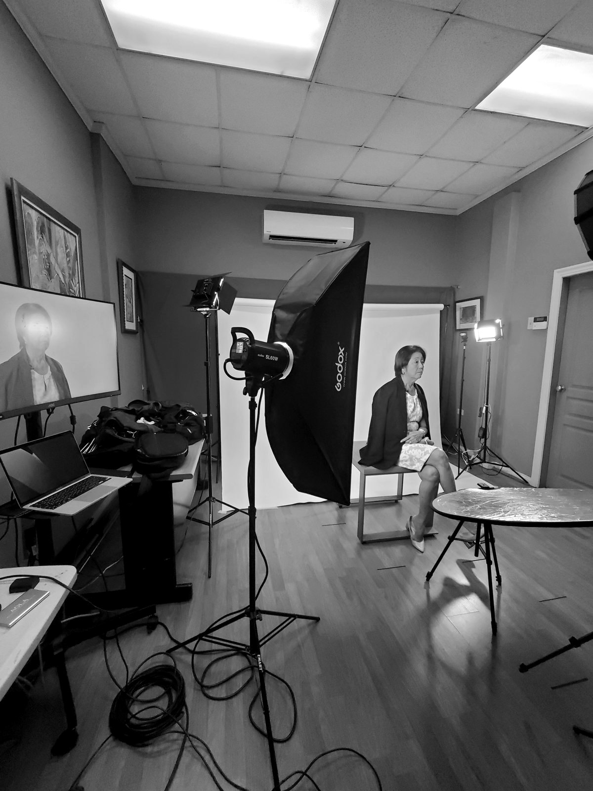 A seated interview in the studio under softbox lighting