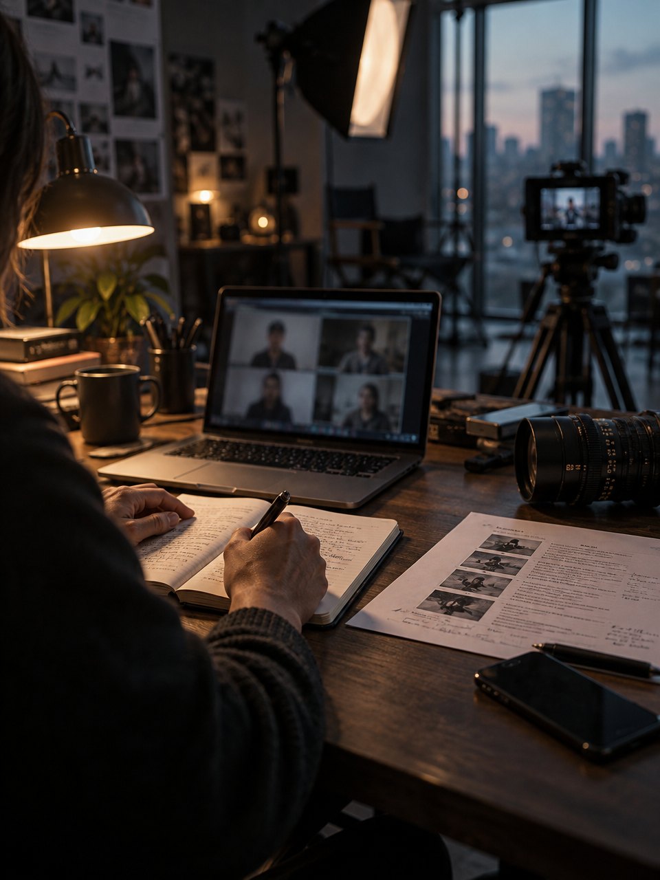 A producer taking notes on a new project brief during a video call with a client