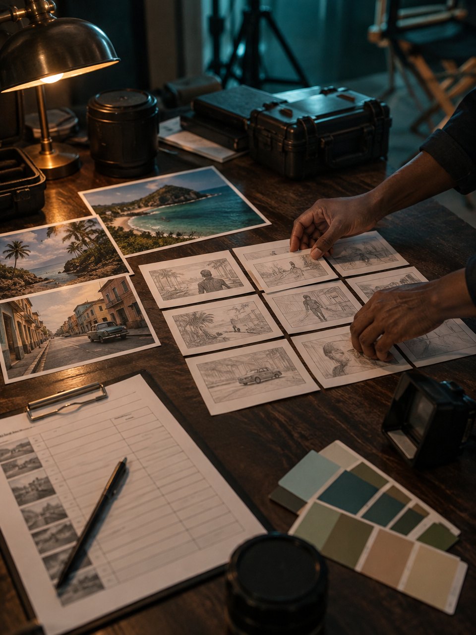 Storyboard frames, location photos and a shot list laid out for a creative plan