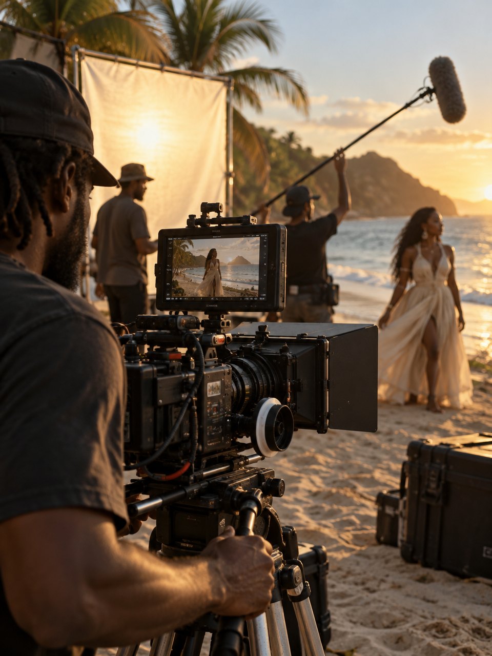A cinema camera filming a performer on a Caribbean beach at golden hour, crew working behind