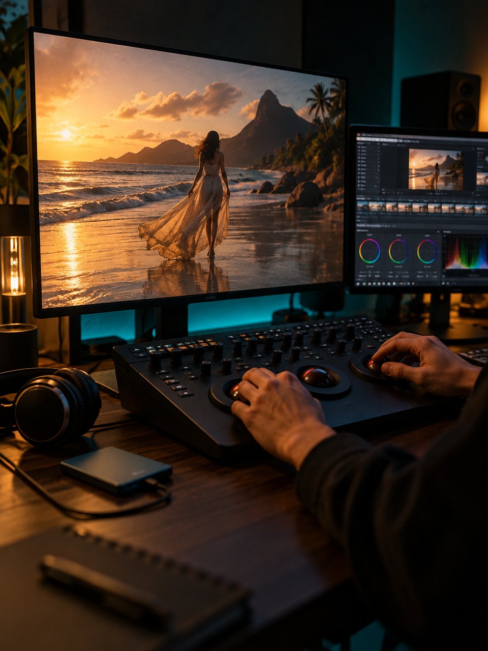 An editor grading the finished beach scene in the colour suite before delivery